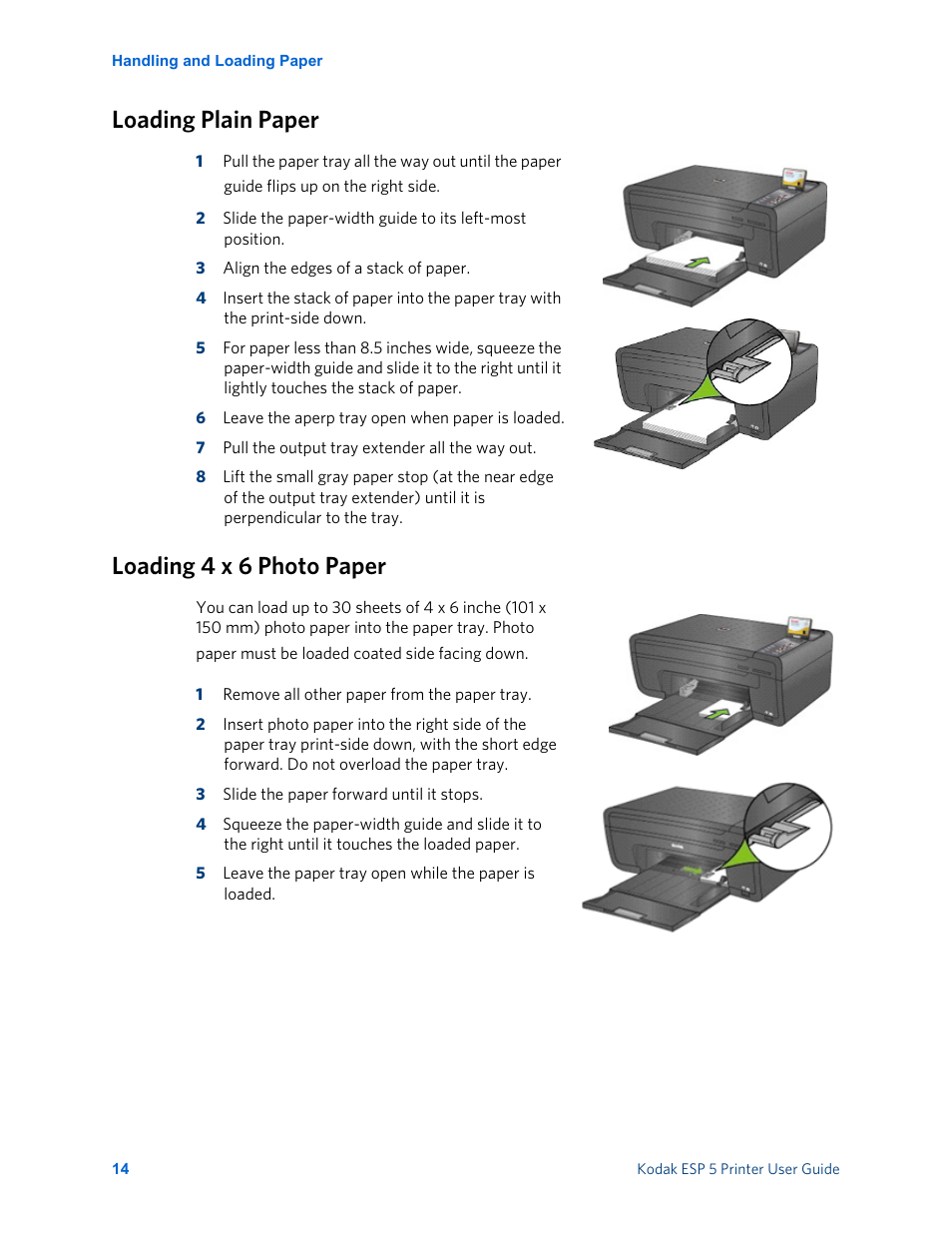 Loading plain paper, Loading 4 x 6 photo paper | Kodak ESP 5 User Manual | Page 20 / 81