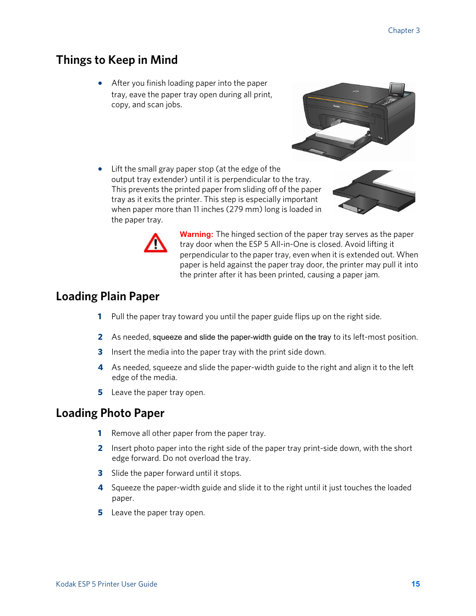 Things to keep in mind, Loading plain paper, Loading photo paper | Kodak ESP 5 User Manual | Page 21 / 81