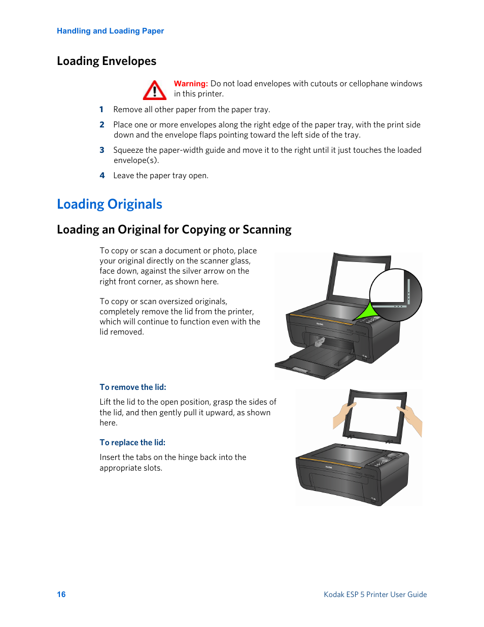 Loading envelopes, Loading originals, Loading an original for copying or scanning | Kodak ESP 5 User Manual | Page 22 / 81