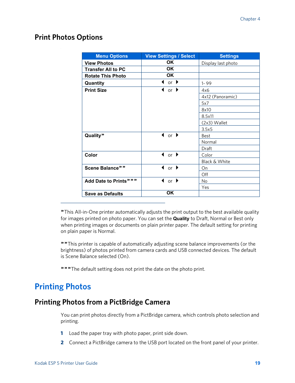 Print photos options, Printing photos, Printing photos from a pictbridge camera | Kodak ESP 5 User Manual | Page 25 / 81