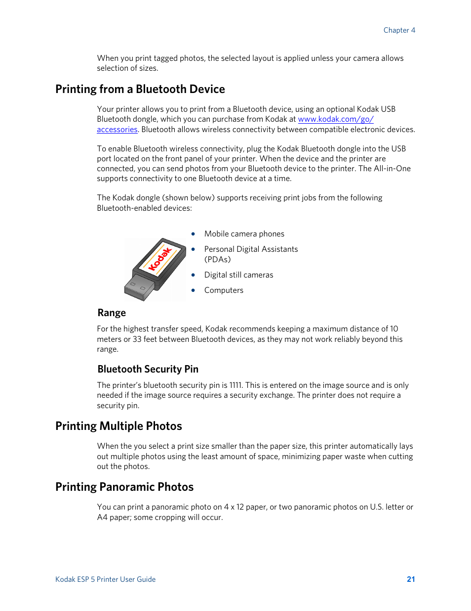 Printing from a bluetooth device, Range, Bluetooth security pin | Printing multiple photos, Printing panoramic photos | Kodak ESP 5 User Manual | Page 27 / 81