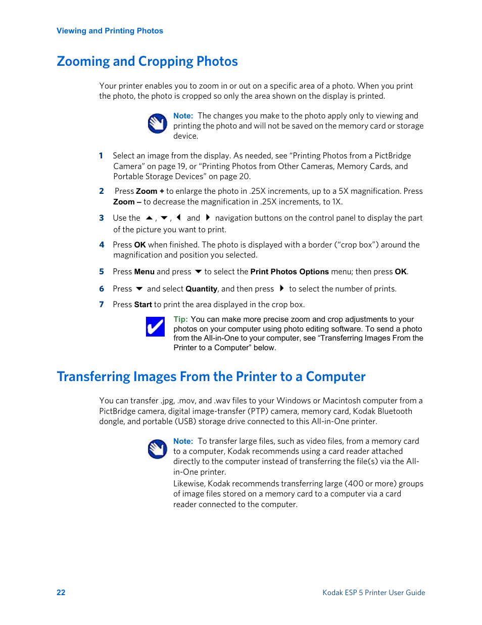 Zooming and cropping photos, Transferring images from the printer to a computer | Kodak ESP 5 User Manual | Page 28 / 81