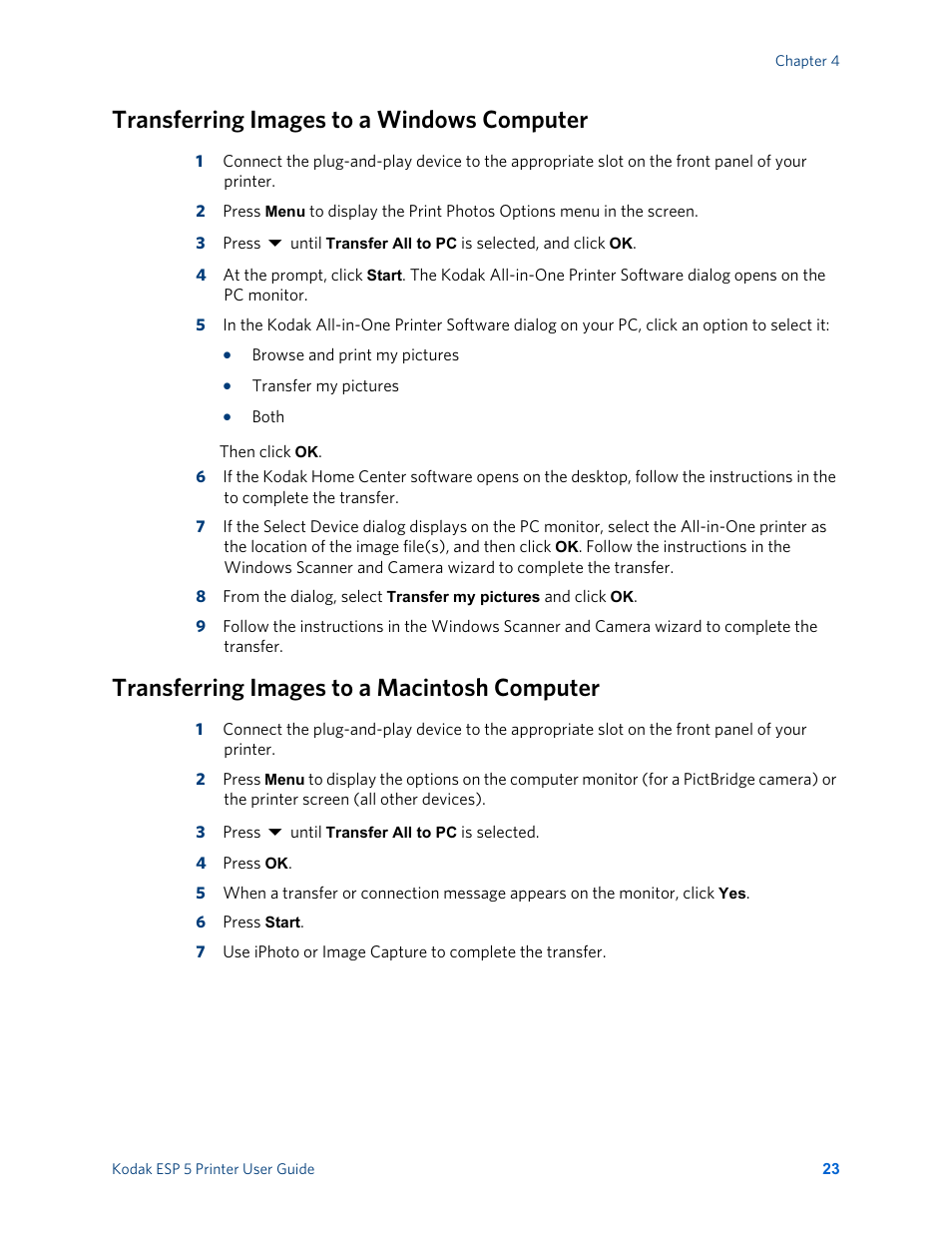 Transferring images to a windows computer, Transferring images to a macintosh computer | Kodak ESP 5 User Manual | Page 29 / 81