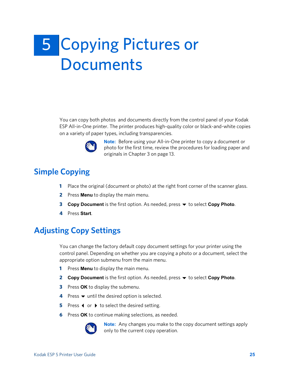 Copying pictures or documents, Simple copying, Adjusting copy settings | 5copying pictures or documents 5 | Kodak ESP 5 User Manual | Page 31 / 81