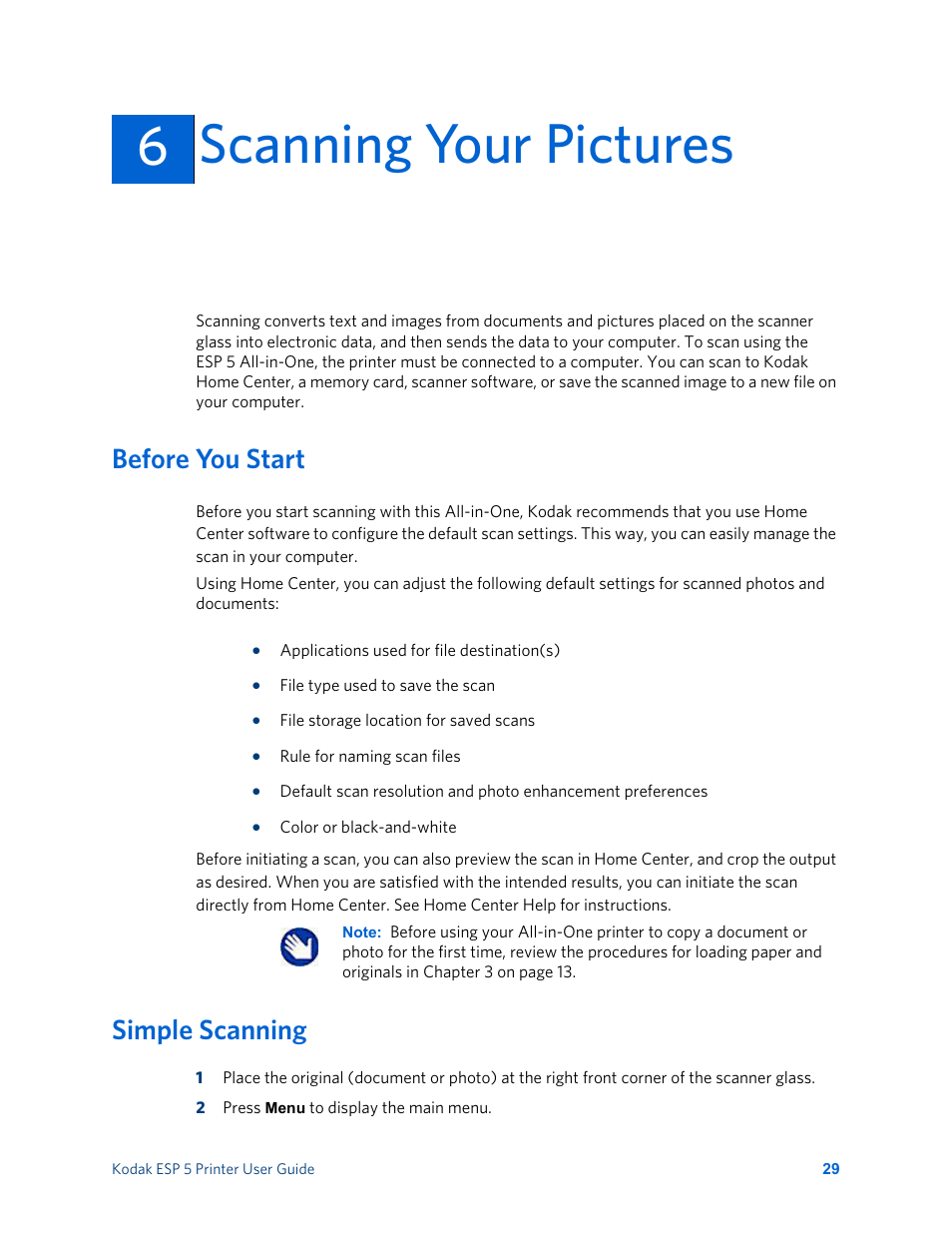 Scanning your pictures, Before you start, Simple scanning | 6scanning your pictures | Kodak ESP 5 User Manual | Page 35 / 81