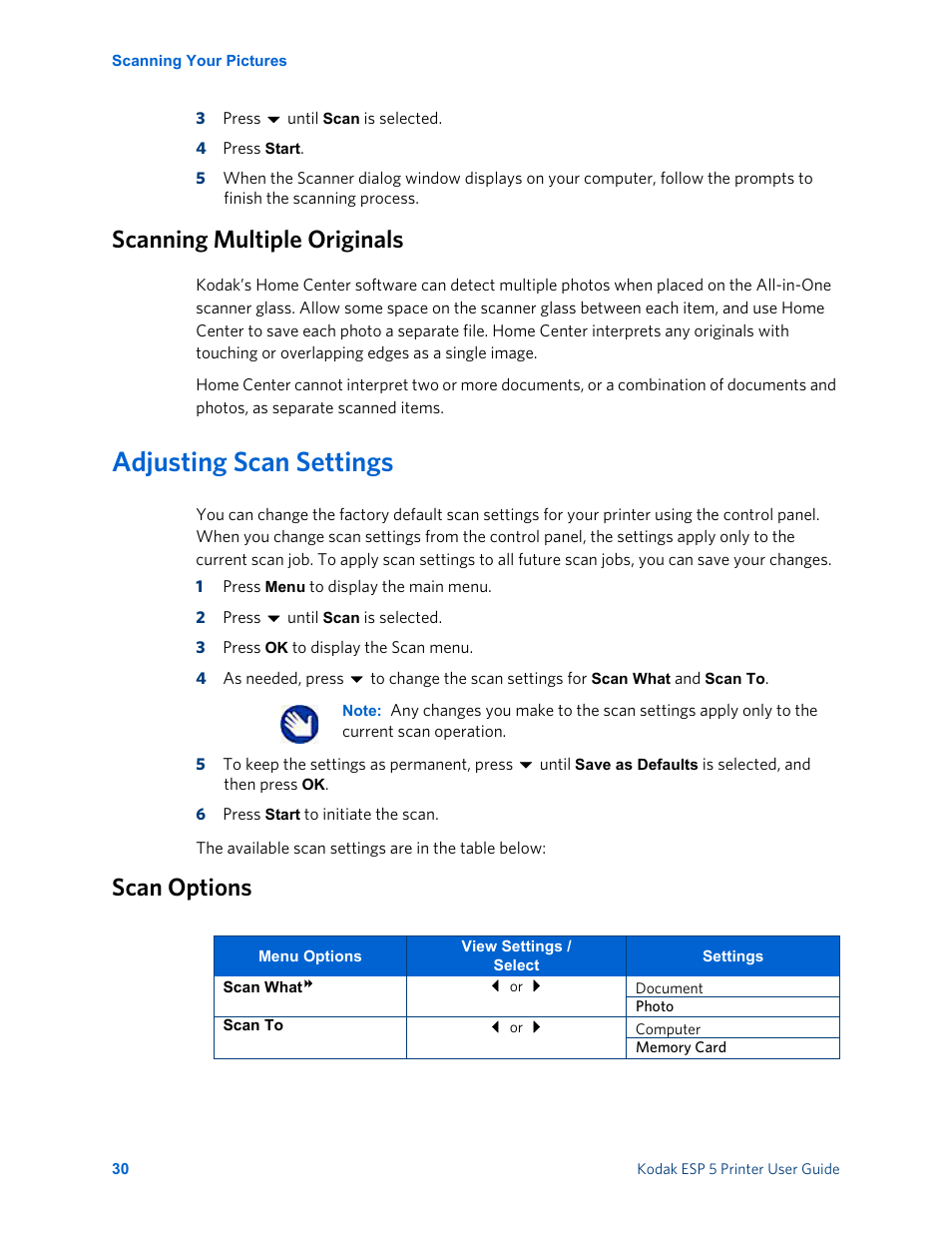 Scanning multiple originals, Adjusting scan settings, Scan options | Kodak ESP 5 User Manual | Page 36 / 81