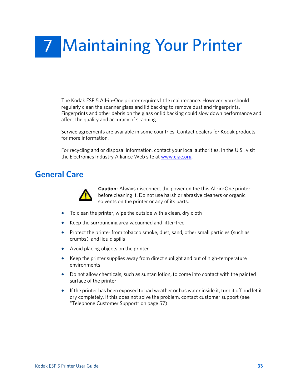 Maintaining your printer, General care, 7maintaining your printer | Kodak ESP 5 User Manual | Page 39 / 81