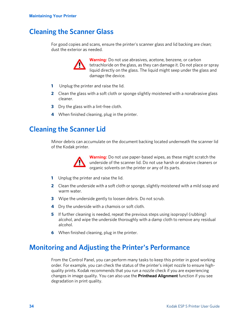 Cleaning the scanner glass, Cleaning the scanner lid, Monitoring and adjusting the printer's performance | Kodak ESP 5 User Manual | Page 40 / 81