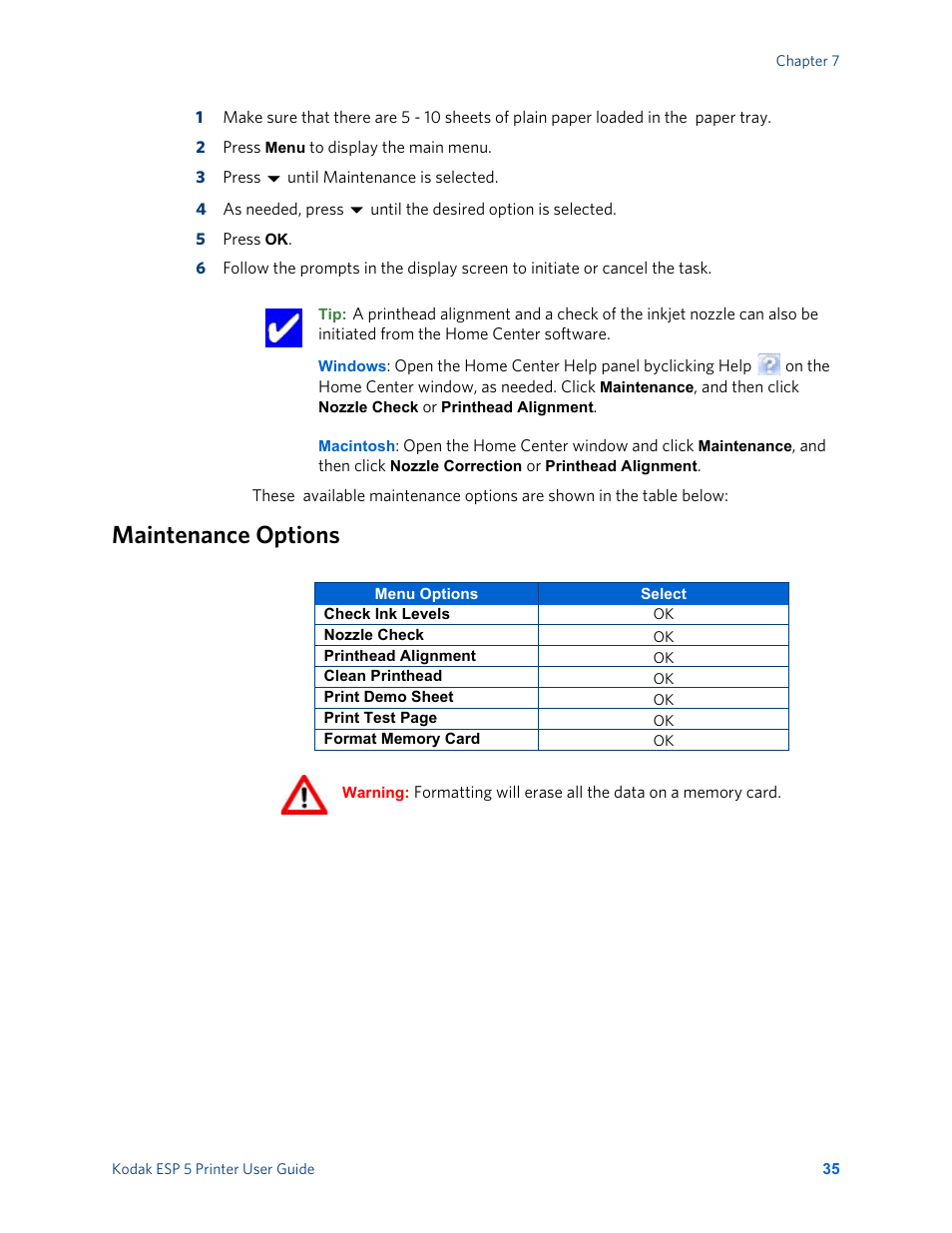 Maintenance options | Kodak ESP 5 User Manual | Page 41 / 81