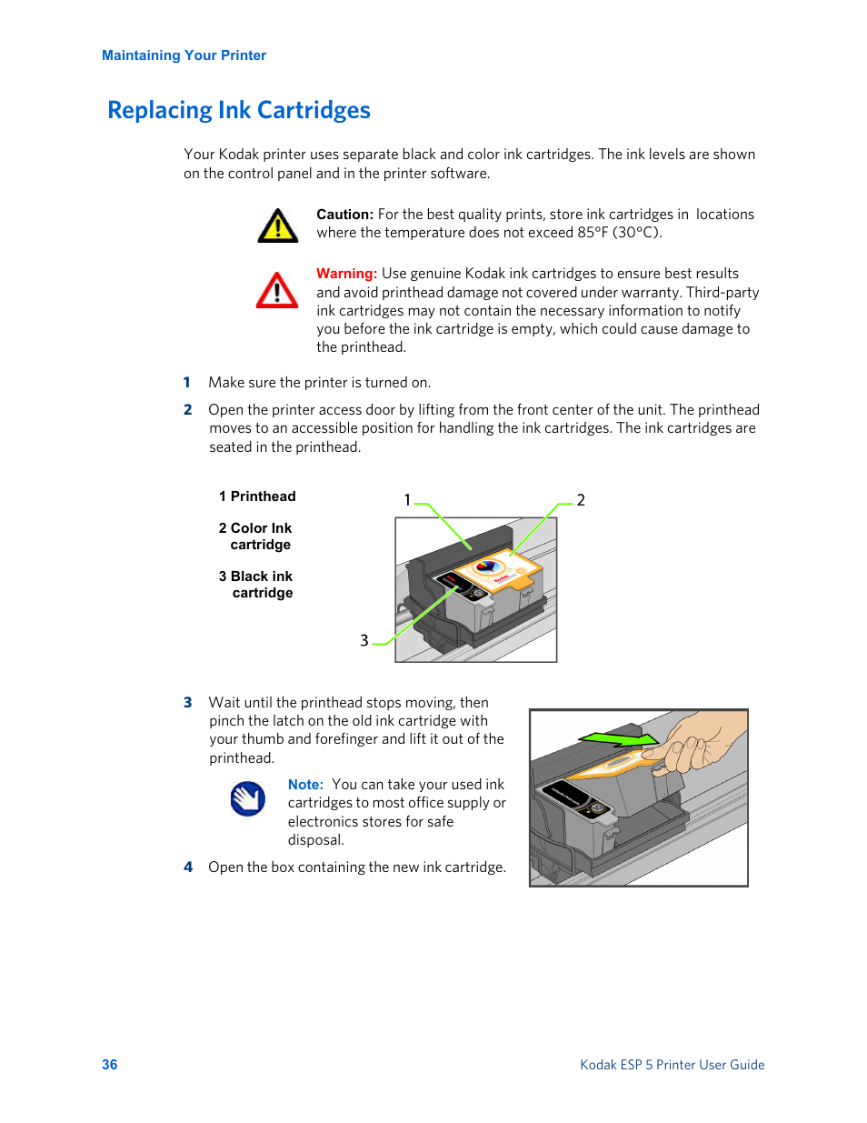 Replacing ink cartridges | Kodak ESP 5 User Manual | Page 42 / 81