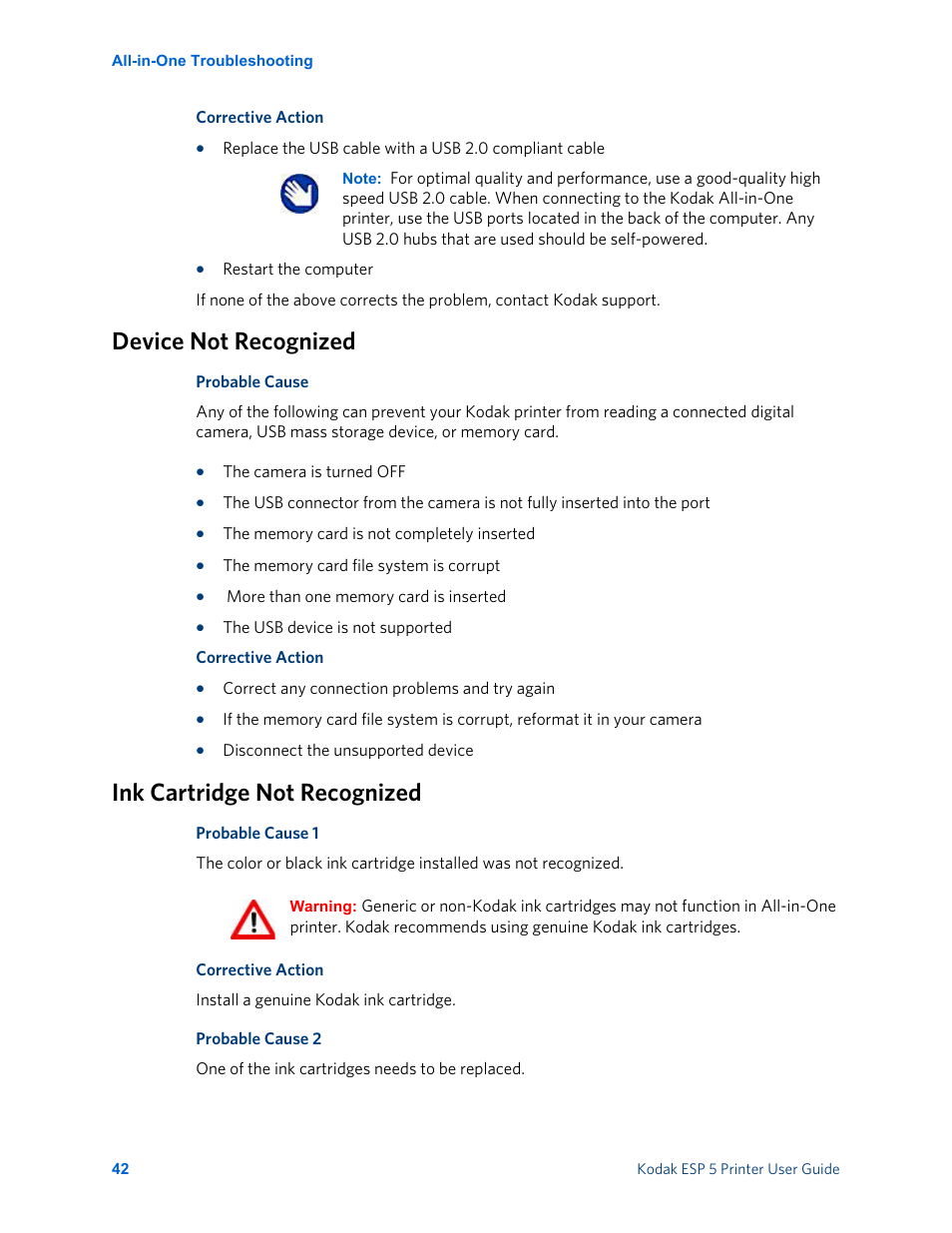 Device not recognized, Ink cartridge not recognized | Kodak ESP 5 User Manual | Page 48 / 81