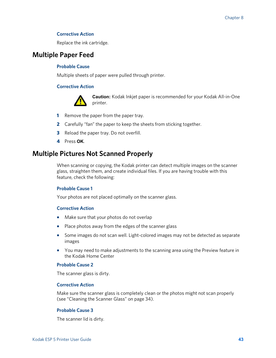 Multiple paper feed, Multiple pictures not scanned properly | Kodak ESP 5 User Manual | Page 49 / 81