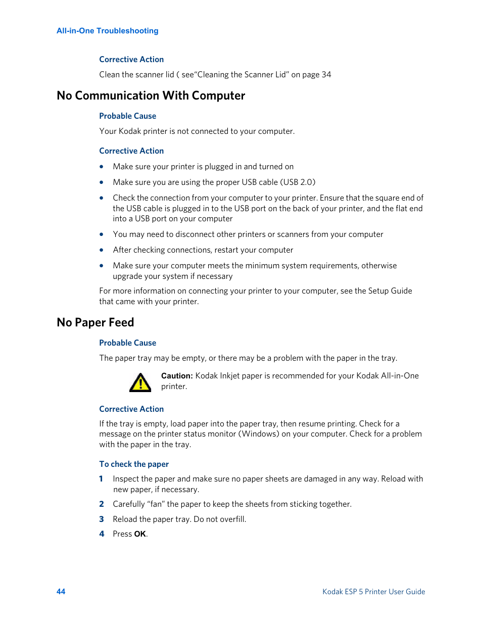 No communication with computer, No paper feed | Kodak ESP 5 User Manual | Page 50 / 81