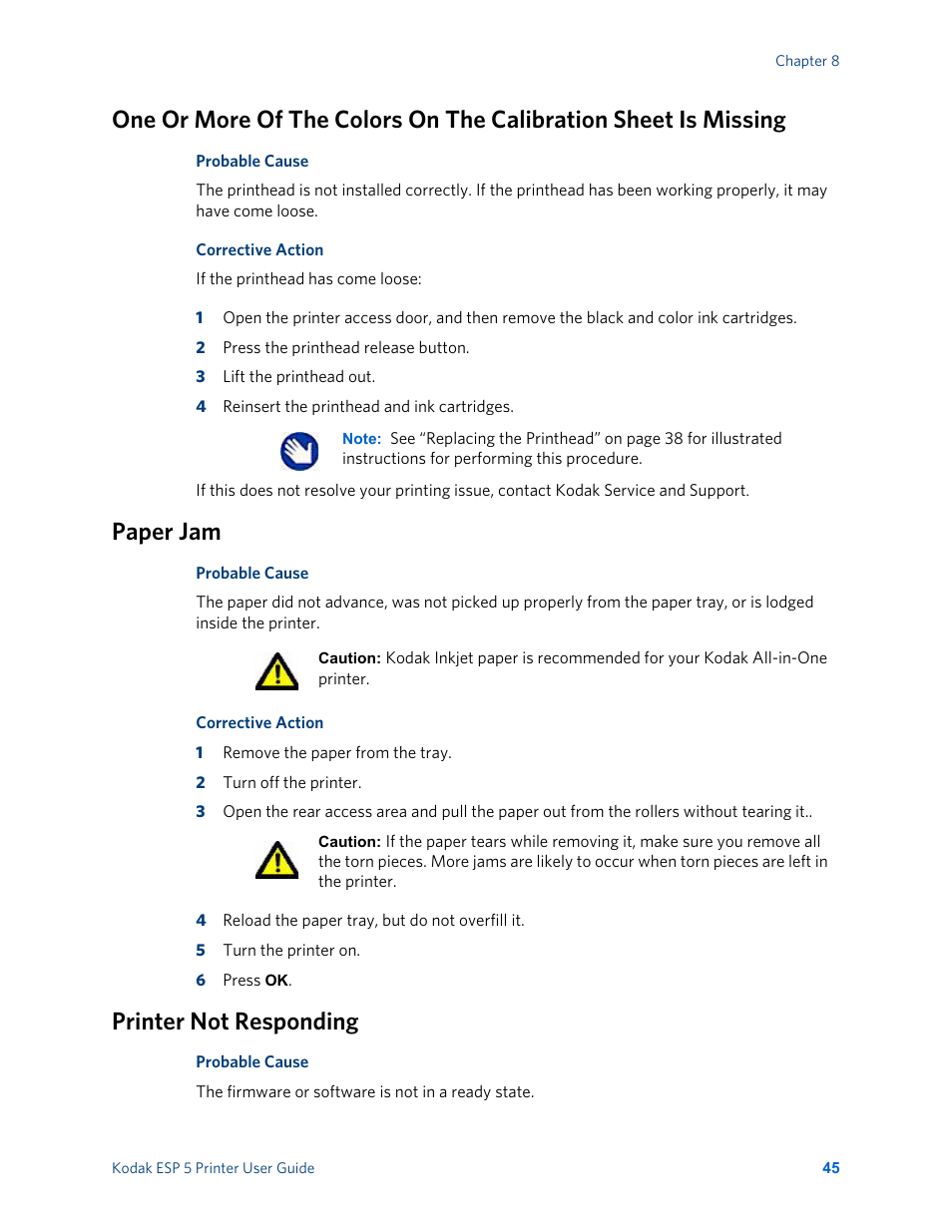 Paper jam, Printer not responding | Kodak ESP 5 User Manual | Page 51 / 81