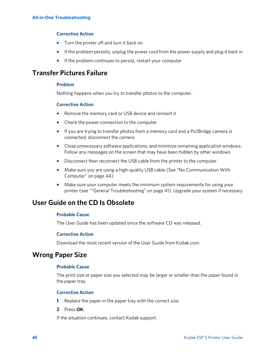 Transfer pictures failure, User guide on the cd is obsolete, Wrong paper size | Kodak ESP 5 User Manual | Page 52 / 81