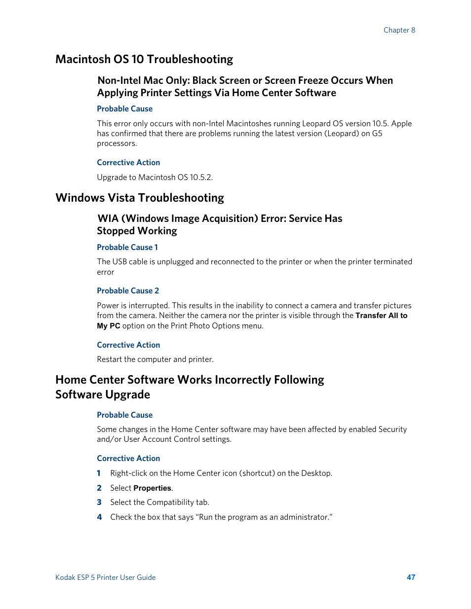 Macintosh os 10 troubleshooting, Windows vista troubleshooting | Kodak ESP 5 User Manual | Page 53 / 81