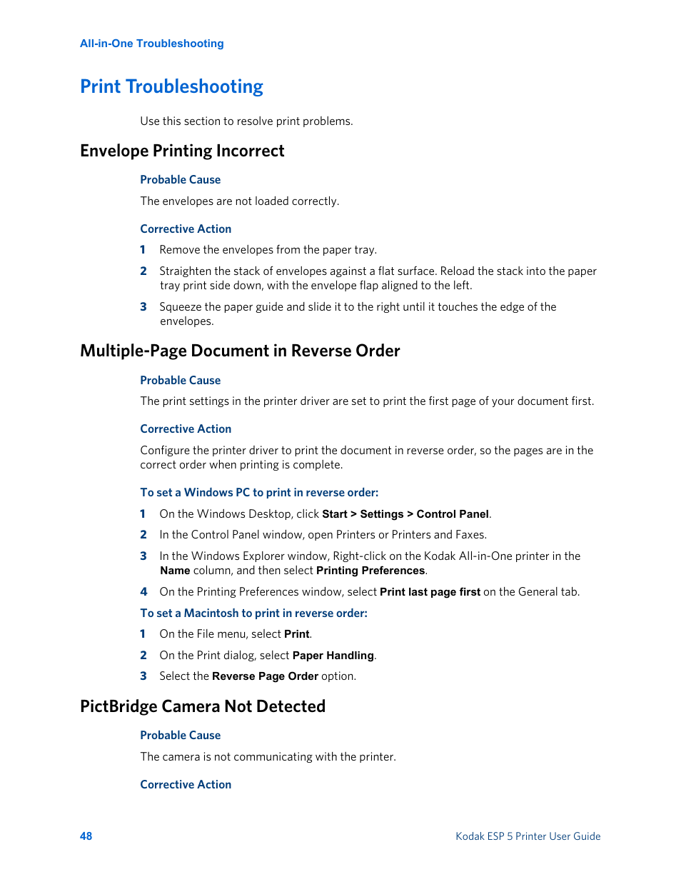 Print troubleshooting, Envelope printing incorrect, Pictbridge camera not detected | Multiple-page document in reverse order | Kodak ESP 5 User Manual | Page 54 / 81