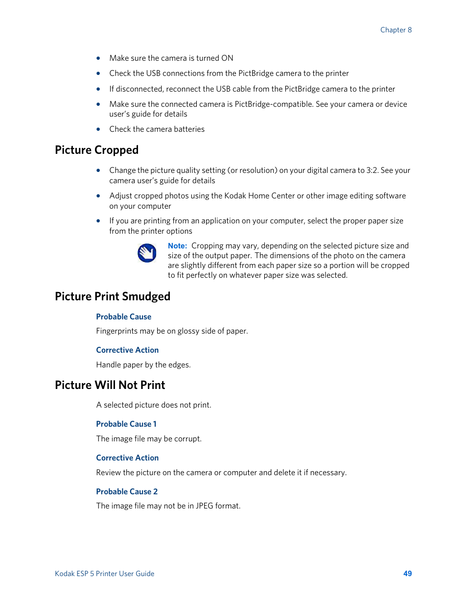 Picture cropped, Picture print smudged, Picture will not print | Kodak ESP 5 User Manual | Page 55 / 81