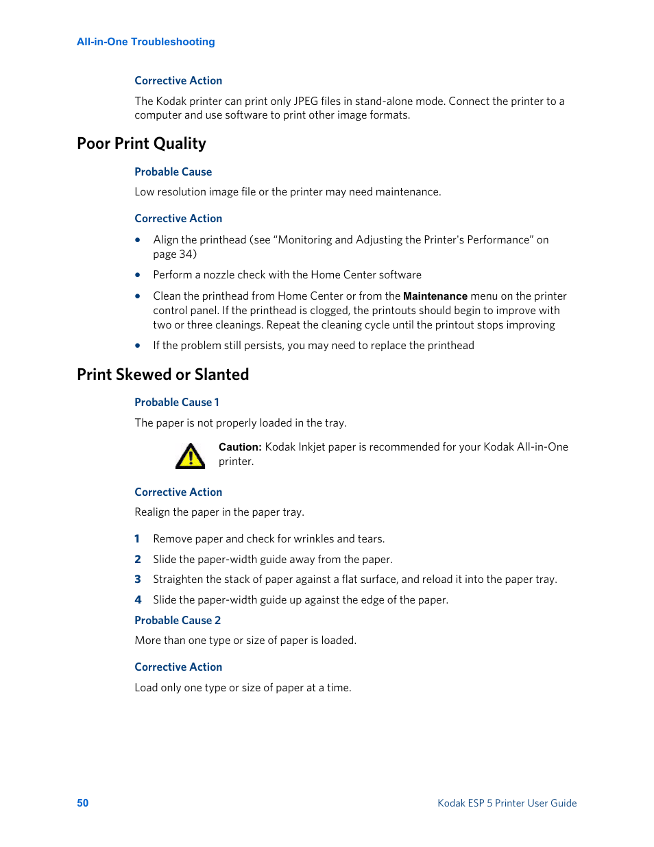 Poor print quality, Print skewed or slanted | Kodak ESP 5 User Manual | Page 56 / 81