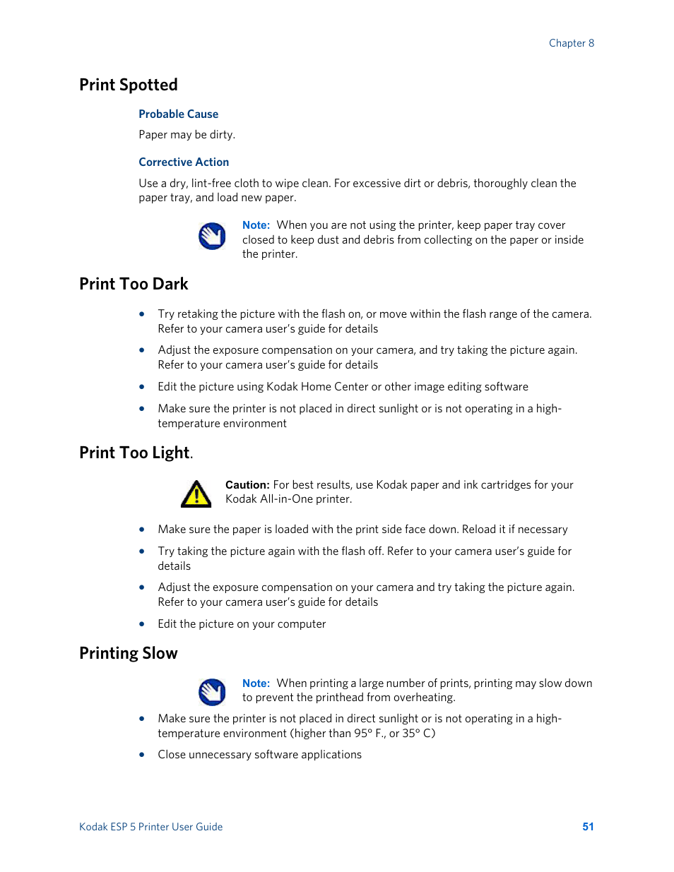 Print spotted, Print too dark, Print too light | Printing slow | Kodak ESP 5 User Manual | Page 57 / 81