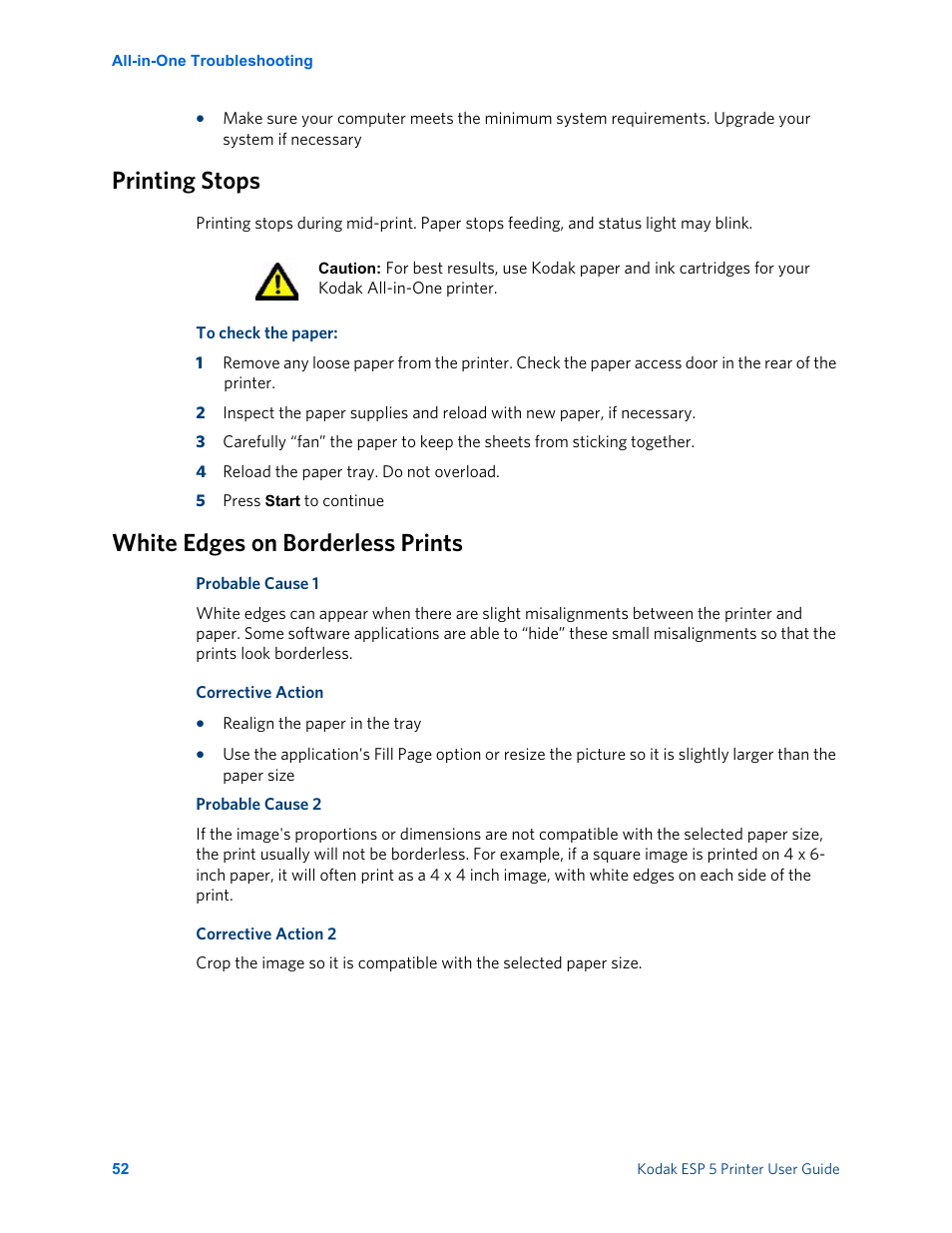 Printing stops, White edges on borderless prints | Kodak ESP 5 User Manual | Page 58 / 81