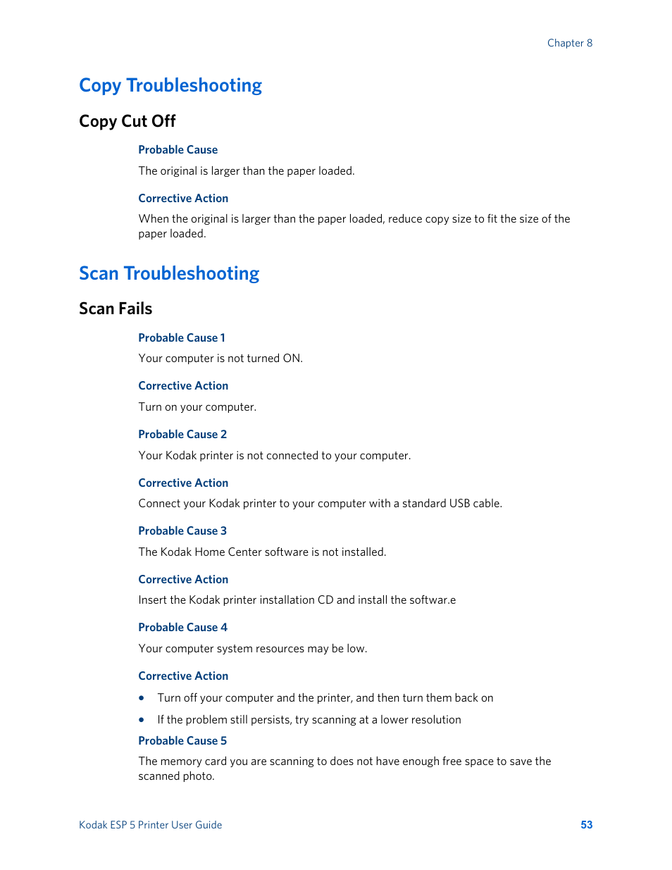 Copy troubleshooting, Copy cut off, Scan troubleshooting | Scan fails | Kodak ESP 5 User Manual | Page 59 / 81