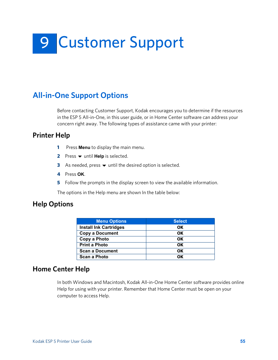 Customer support, All-in-one support options, Printer help | Help options, Home center help, 9customer support, Help options home center help | Kodak ESP 5 User Manual | Page 61 / 81