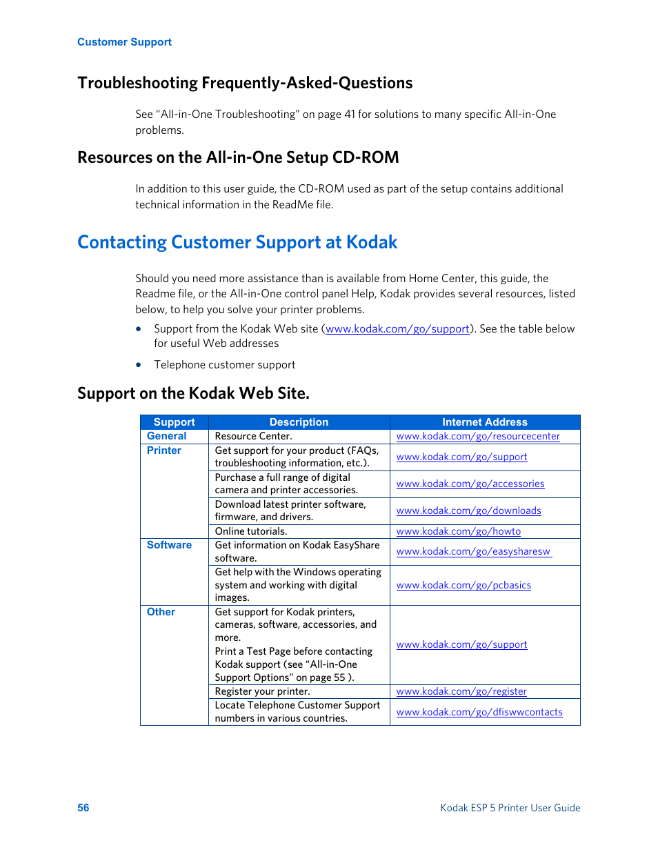 Troubleshooting frequently-asked-questions, Resources on the all-in-one setup cd-rom, Contacting customer support at kodak | Support on the kodak web site | Kodak ESP 5 User Manual | Page 62 / 81