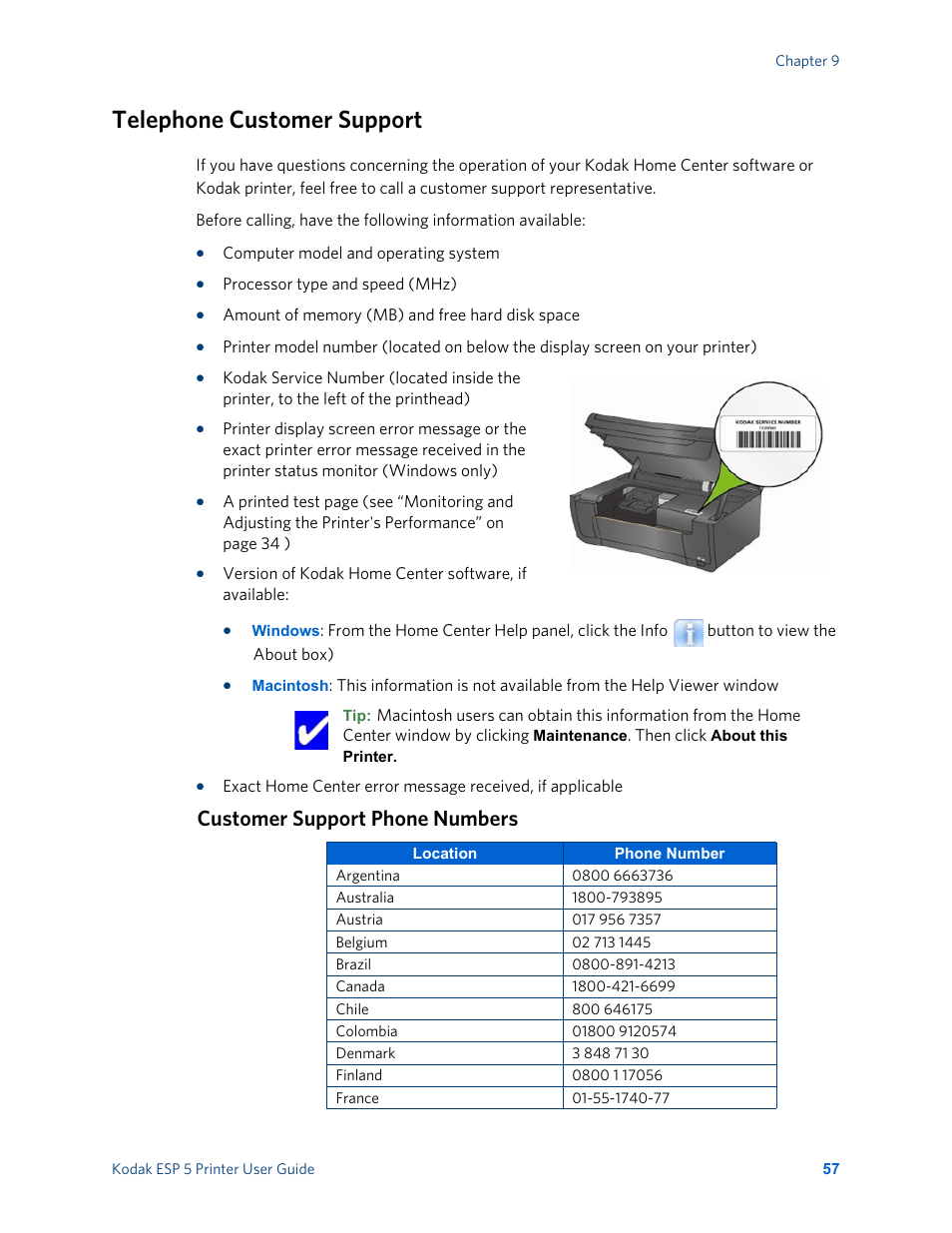 Telephone customer support, Customer support phone numbers | Kodak ESP 5 User Manual | Page 63 / 81