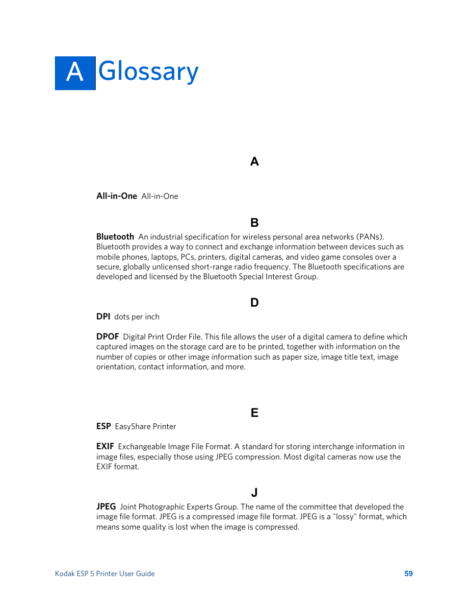 Glossary, Aglossary | Kodak ESP 5 User Manual | Page 65 / 81