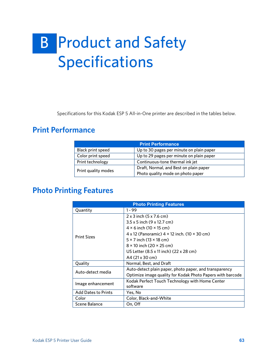 Product and safety specifications, Print performance, Photo printing features | Bproduct and safety specifications b, Print performance photo printing features | Kodak ESP 5 User Manual | Page 69 / 81