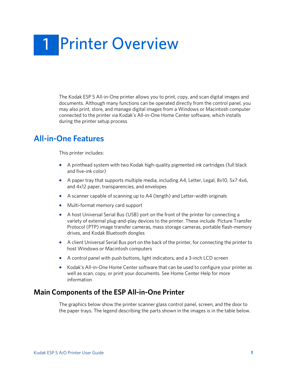 Printer overview, All-in-one features, Main components of the esp all-in-one printer | 1printer overview | Kodak ESP 5 User Manual | Page 7 / 81