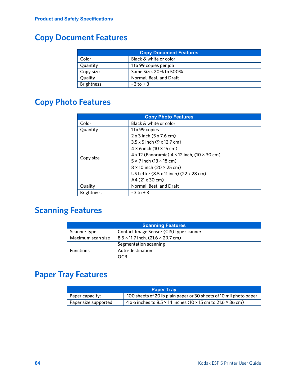 Copy document features, Copy photo features, Scanning features | Paper tray features | Kodak ESP 5 User Manual | Page 70 / 81