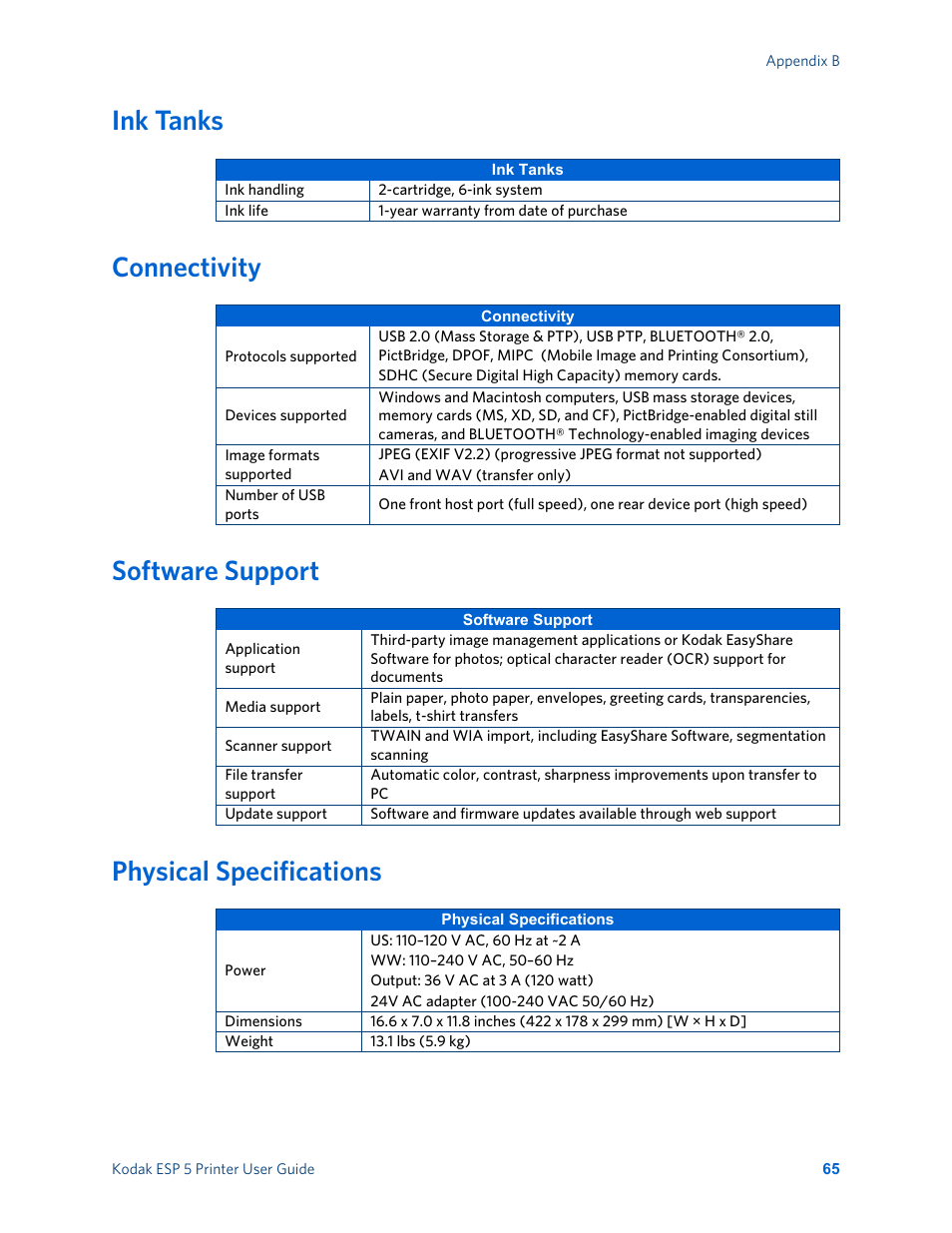 Ink tanks, Connectivity, Software support | Physical specifications | Kodak ESP 5 User Manual | Page 71 / 81