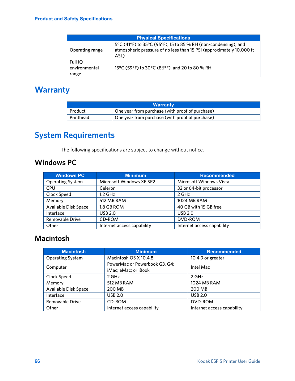 Warranty, System requirements, Windows pc | Macintosh, Warranty system requirements, Windows pc macintosh | Kodak ESP 5 User Manual | Page 72 / 81