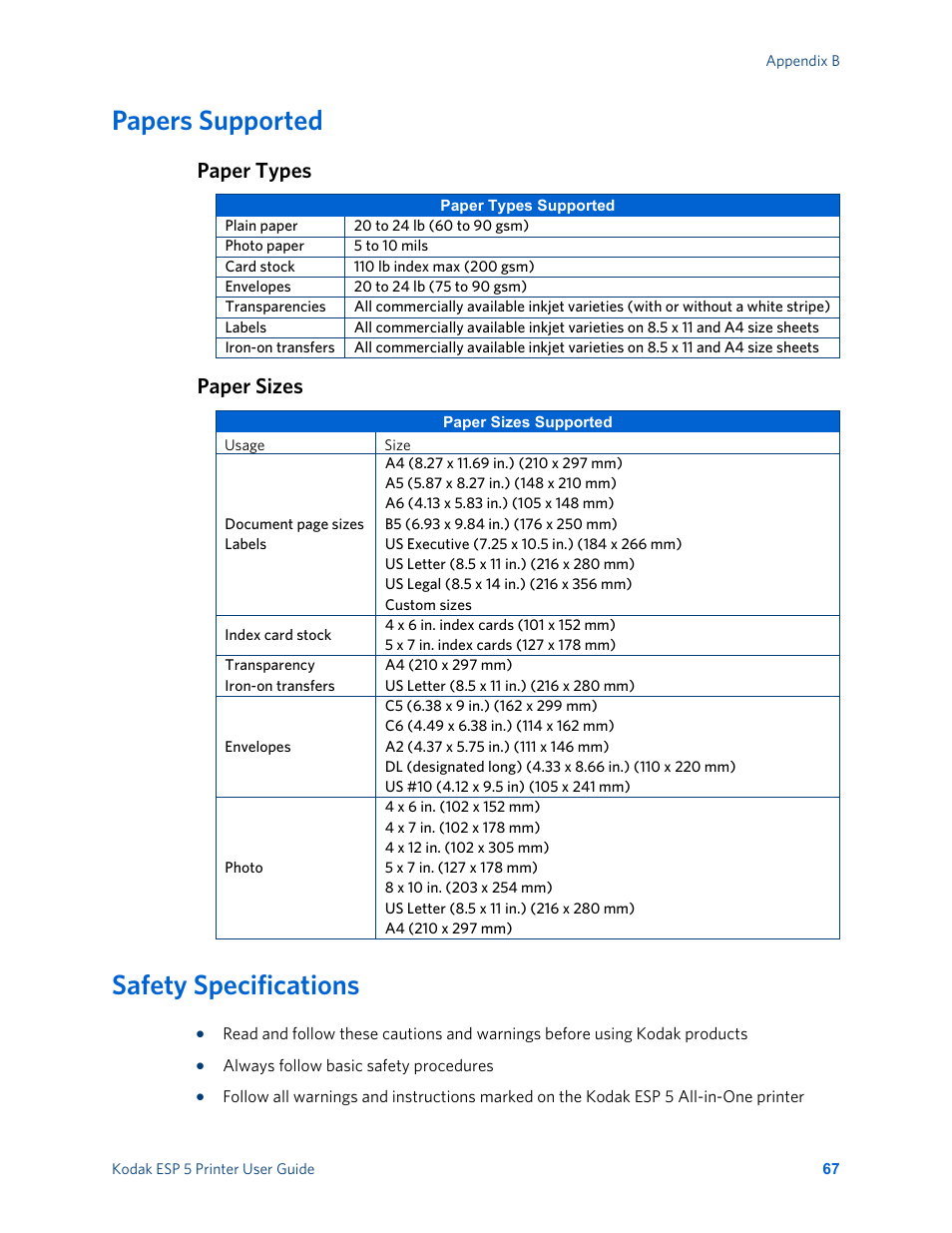 Papers supported, Paper types, Paper sizes | Safety specifications, Paper types paper sizes | Kodak ESP 5 User Manual | Page 73 / 81