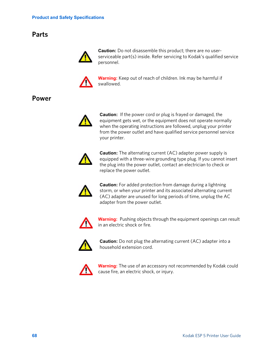 Parts, Power, Parts power | Kodak ESP 5 User Manual | Page 74 / 81