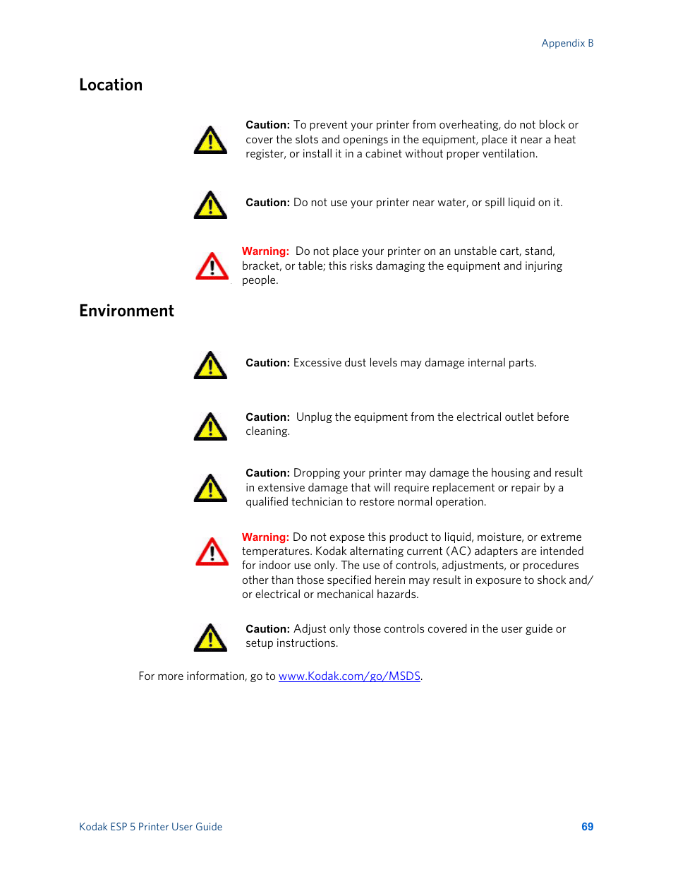 Location, Environment, Location environment | Kodak ESP 5 User Manual | Page 75 / 81