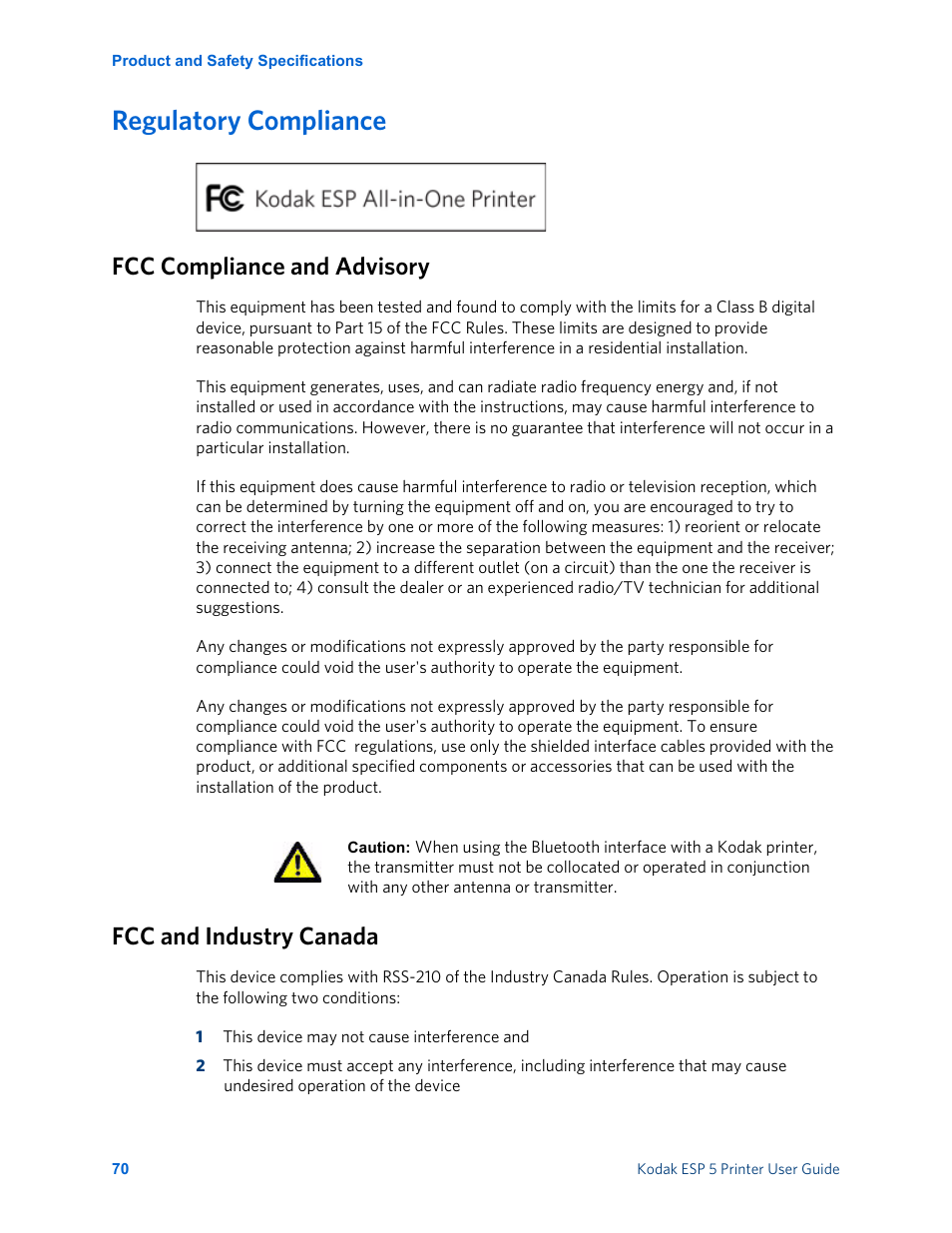 Regulatory compliance, Fcc compliance and advisory, Fcc and industry canada | Kodak ESP 5 User Manual | Page 76 / 81