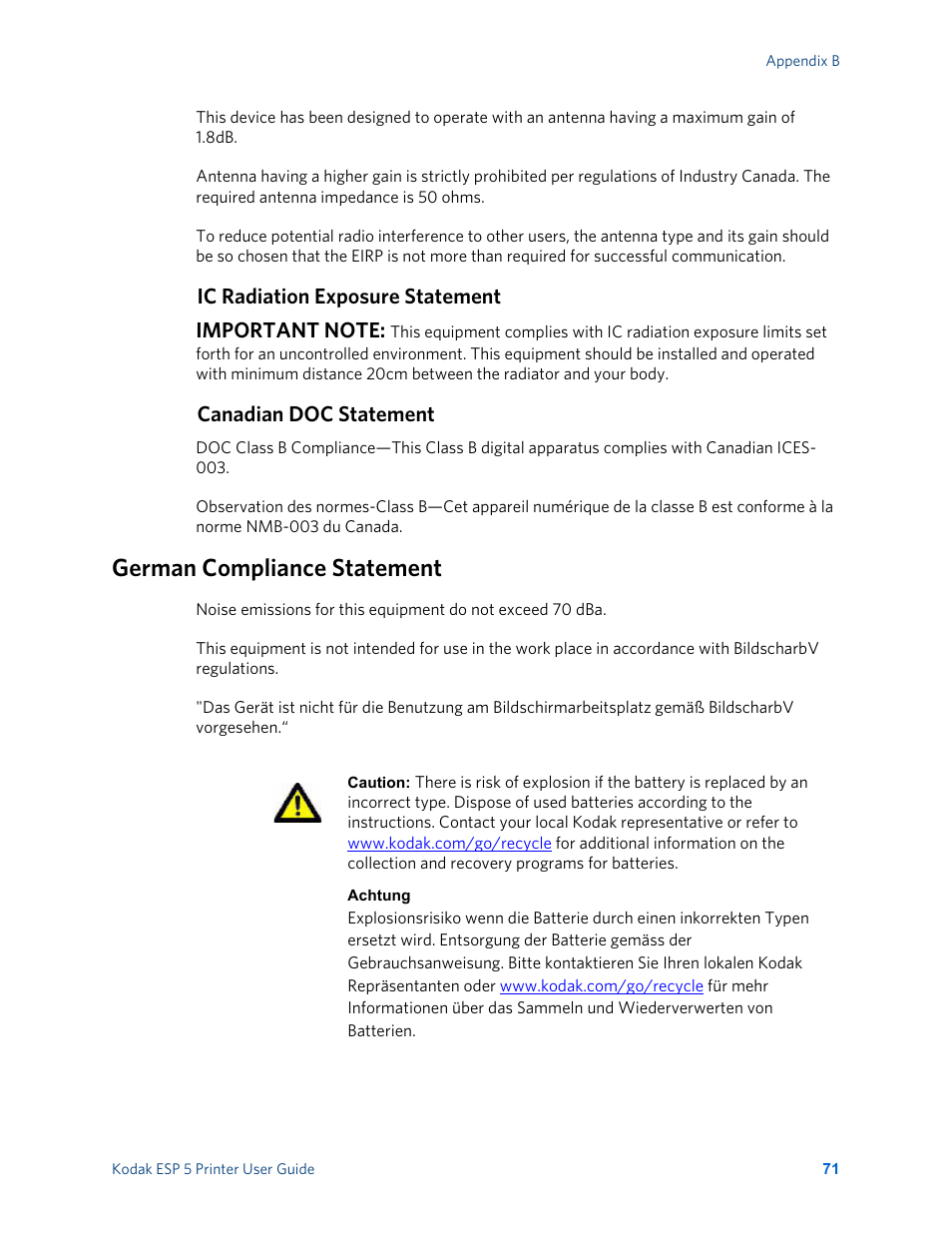 Ic radiation exposure statement, Canadian doc statement, German compliance statement | Kodak ESP 5 User Manual | Page 77 / 81