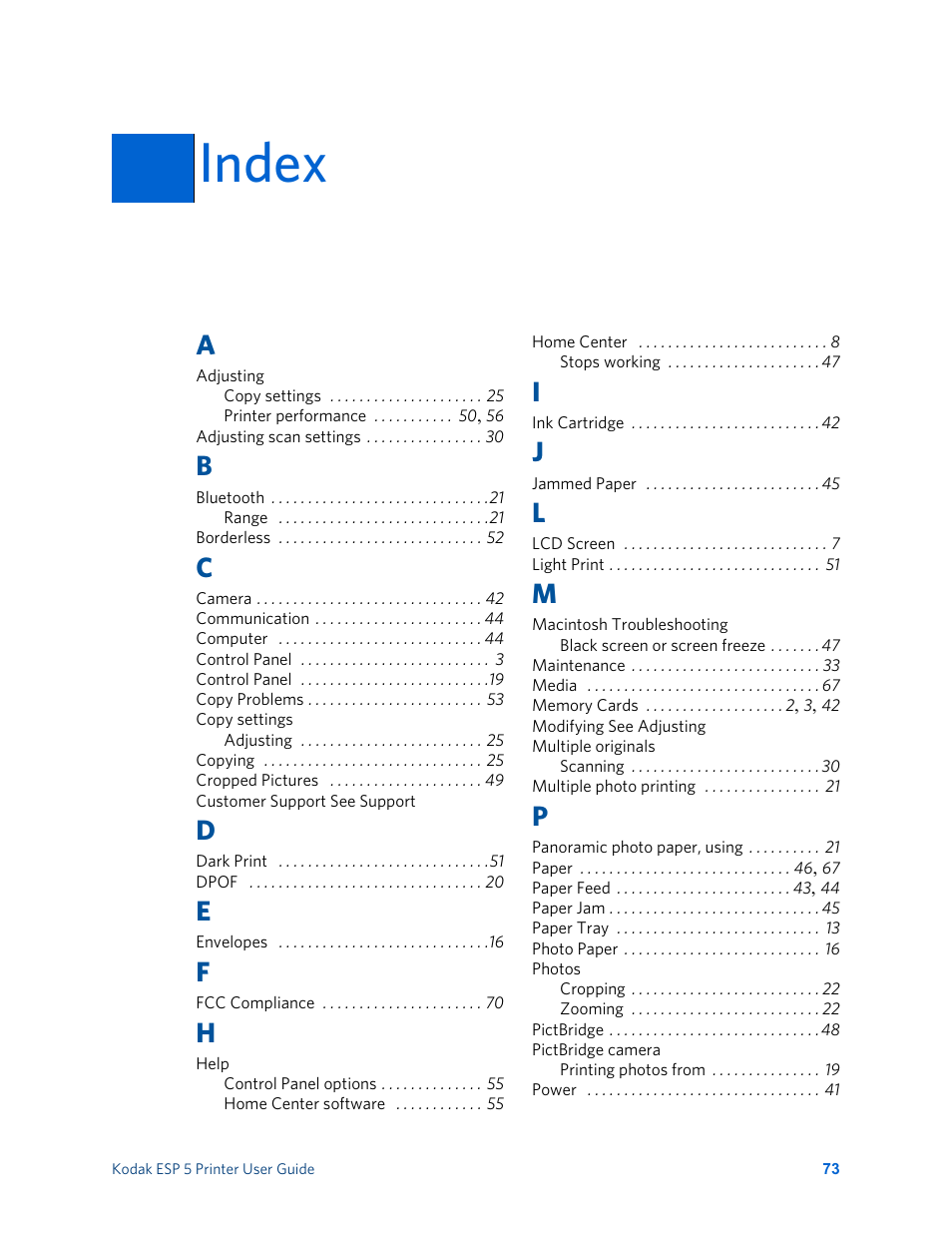 Index, Index 73 | Kodak ESP 5 User Manual | Page 79 / 81