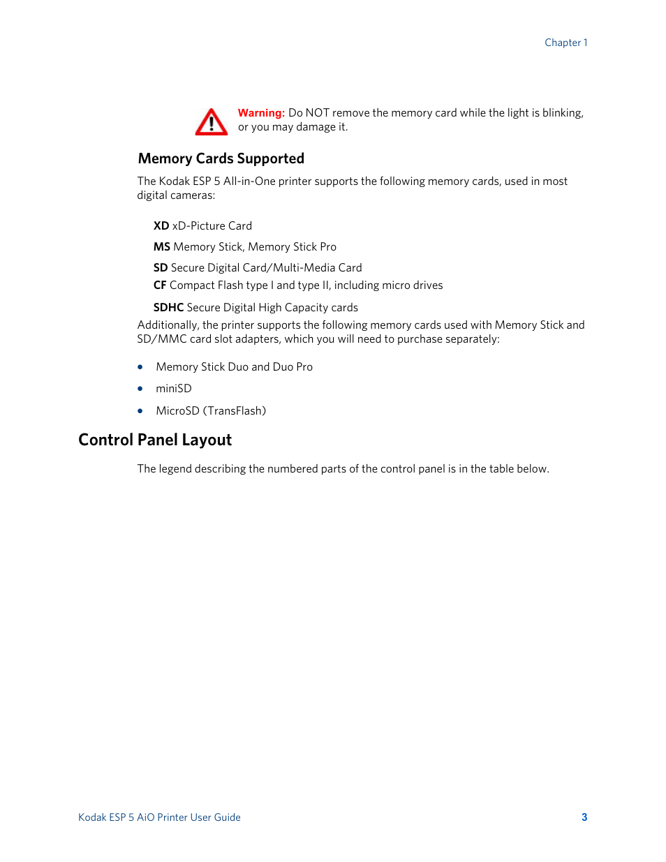 Memory cards supported, Control panel layout | Kodak ESP 5 User Manual | Page 9 / 81