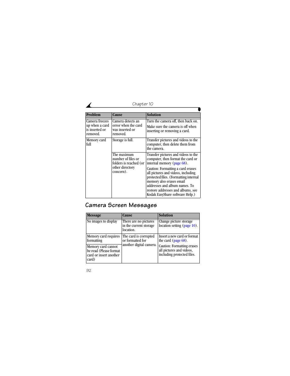 Camera screen messages | Kodak DX6440 User Manual | Page 104 / 134