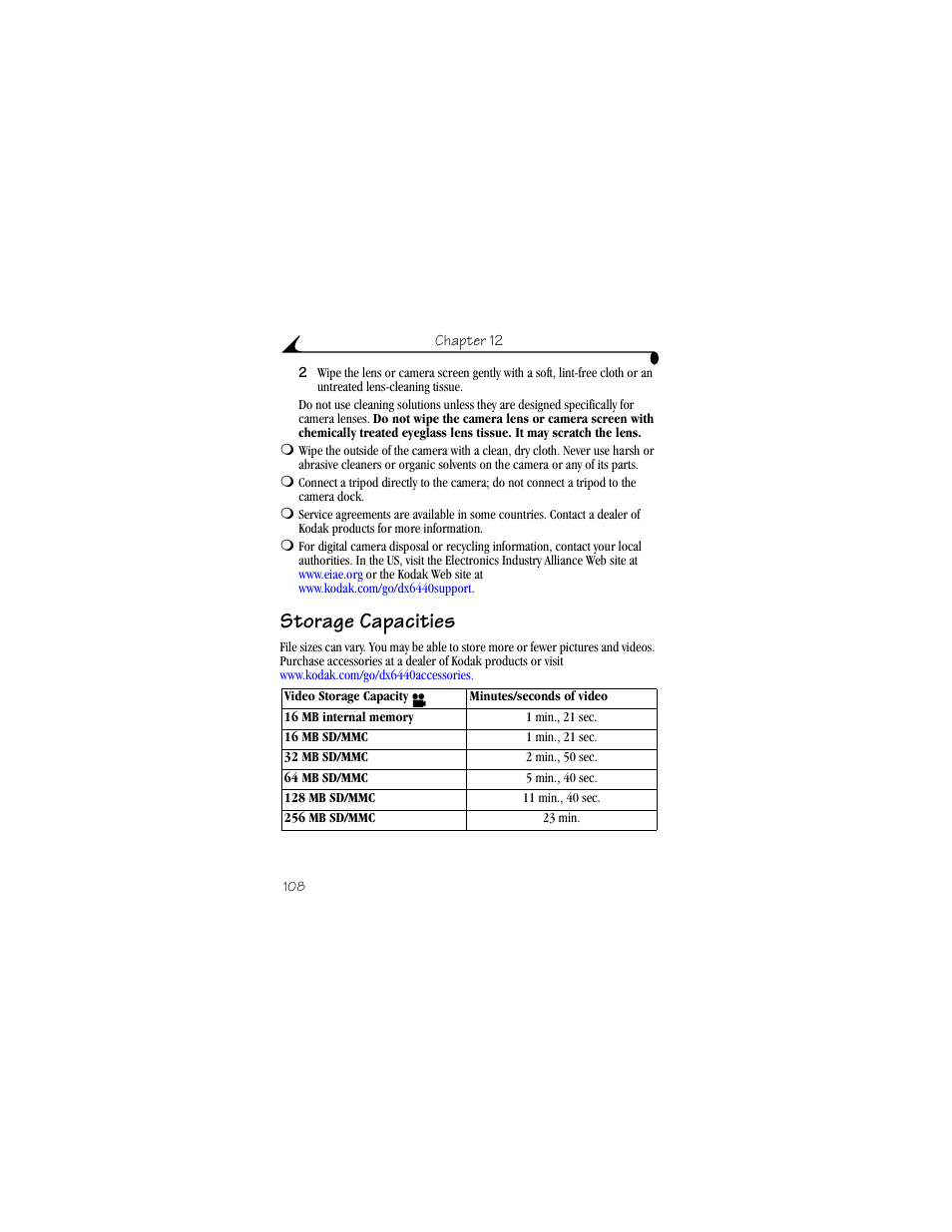 Storage capacities | Kodak DX6440 User Manual | Page 120 / 134