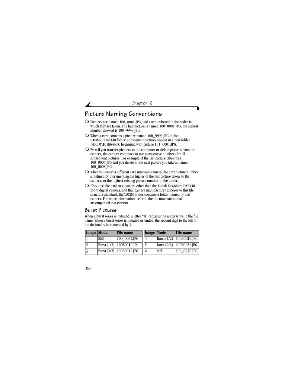 Picture naming conventions, Burst pictures | Kodak DX6440 User Manual | Page 122 / 134