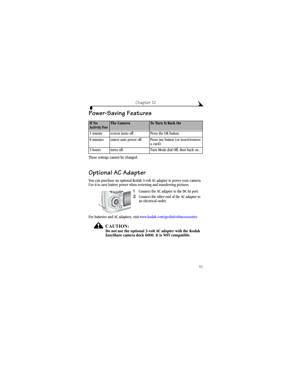Power-saving features, Optional ac adapter, Power-saving features optional ac adapter | Kodak DX6440 User Manual | Page 123 / 134