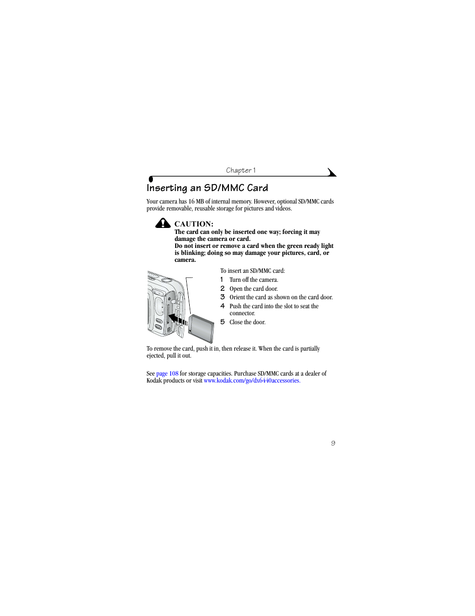 Inserting an sd/mmc card | Kodak DX6440 User Manual | Page 21 / 134