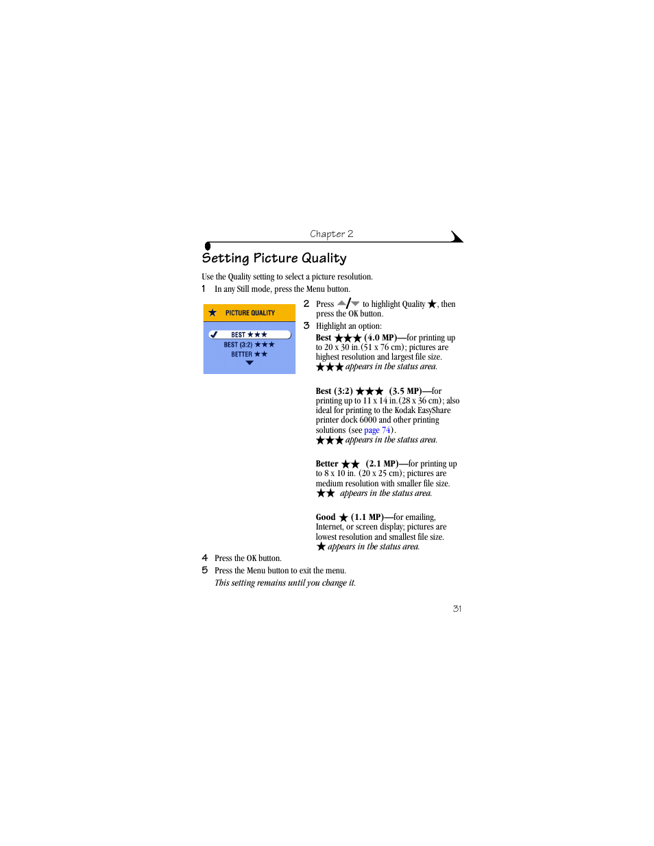 Setting picture quality | Kodak DX6440 User Manual | Page 43 / 134