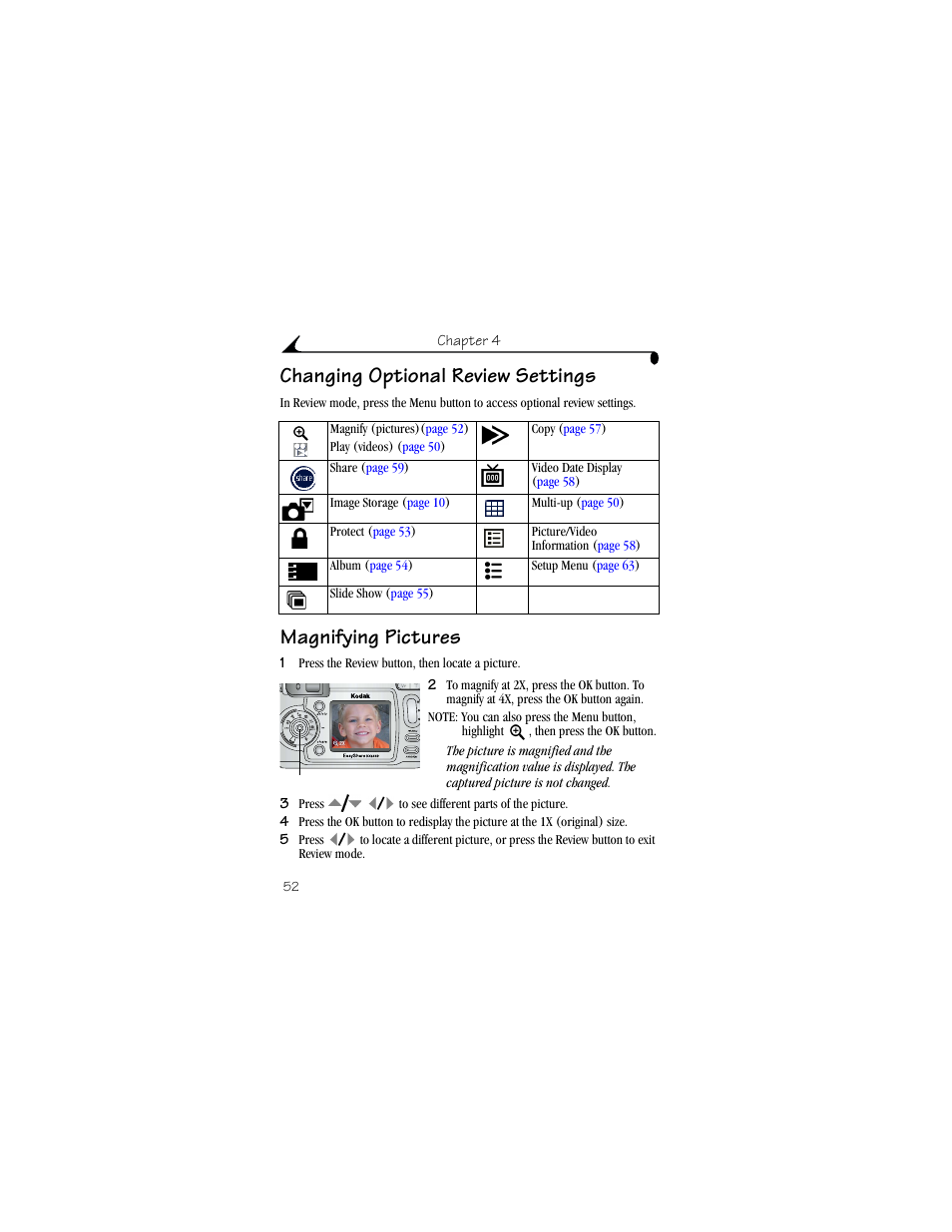 Changing optional review settings, Magnifying pictures | Kodak DX6440 User Manual | Page 64 / 134