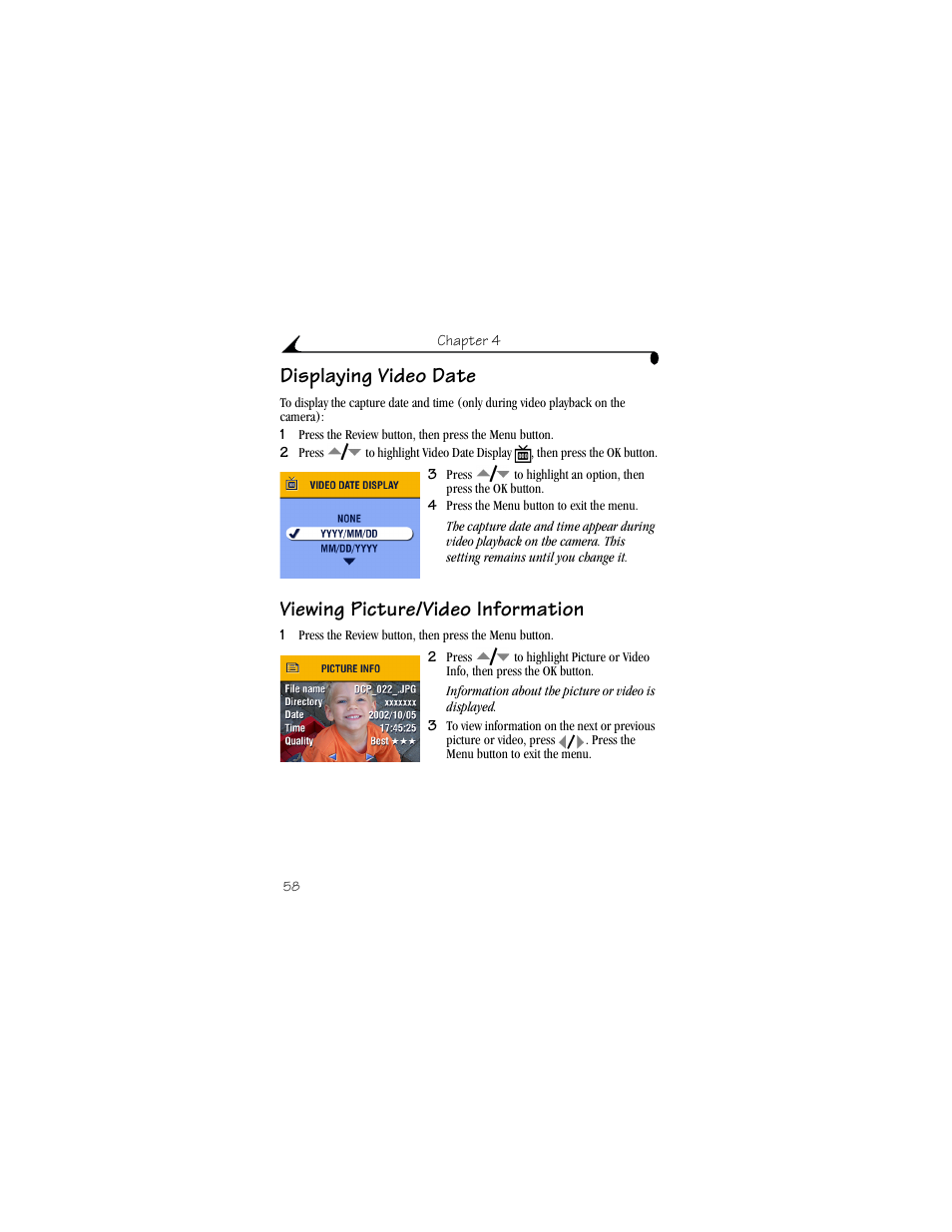 Displaying video date, Viewing picture/video information | Kodak DX6440 User Manual | Page 70 / 134